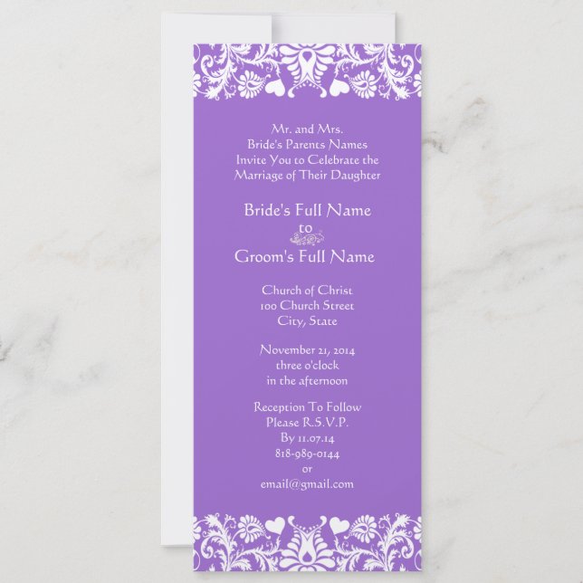 Plum Damask Swirls Wedding Invitation (Front)