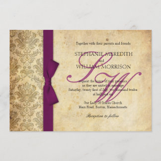 Plum Damask Vintage Bow Wedding Invitation