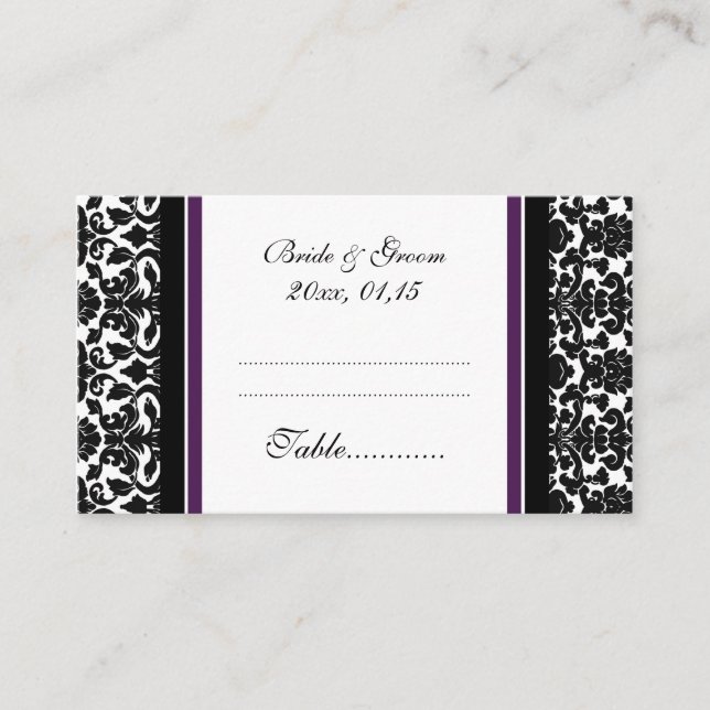 Plum Damask Wedding Table Place Setting Cards (Front)