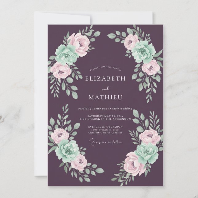 Plum Dreamy Floral Spring Wedding Invitation (Front)