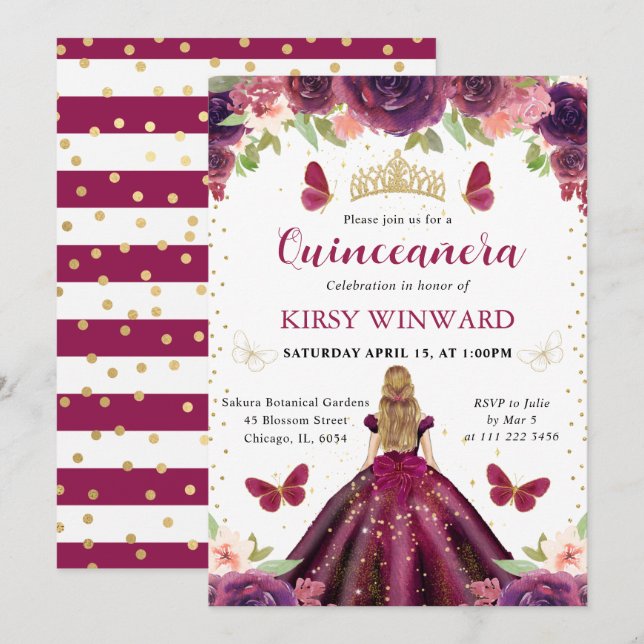 Plum Dress Blonde Princess Quinceanera Invitation (Front/Back)