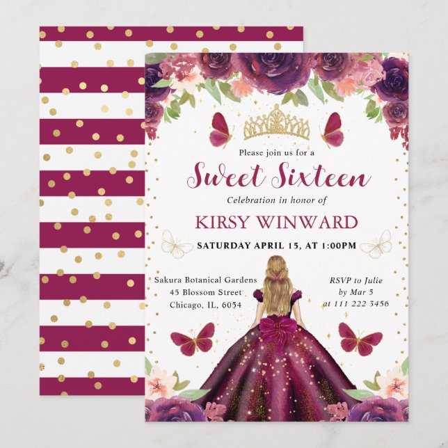 Plum Dress Blonde Princess Sweet 16 Invitation (Front/Back)