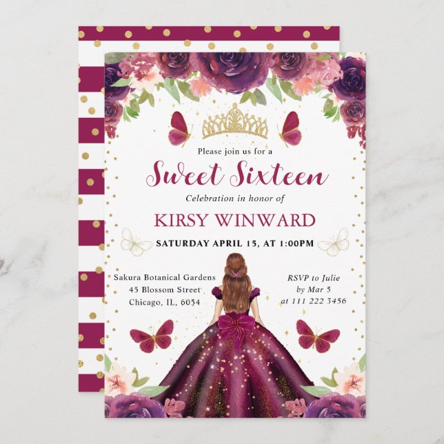 Plum Dress Red Haired Princess Sweet 16 Invitation (Front/Back)