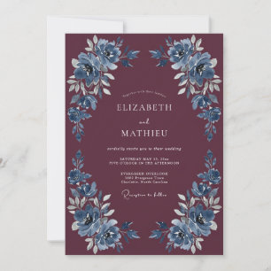 Plum Dusty Blue Floral Wedding Invitation