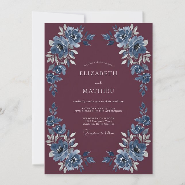 Plum Dusty Blue Floral Wedding Invitation (Front)
