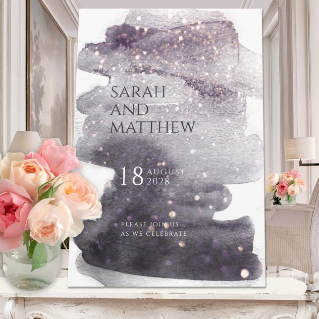 Plum & Dusty Mauve Gold Sparkle Watercolor Wedding Invitation (Creator Uploaded)