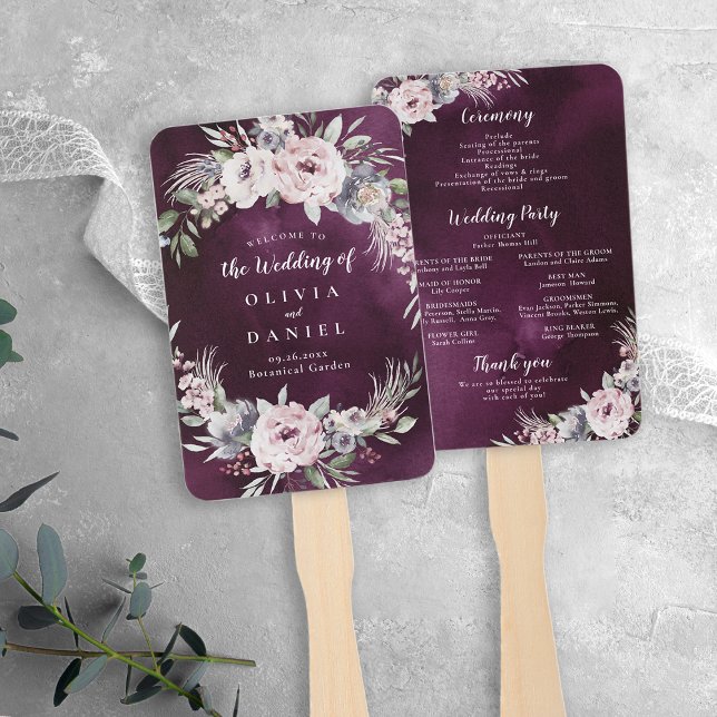 Plum & dusty pink boho floral wedding program hand fan (Plum & dusty pink boho floral wedding program hand fan)