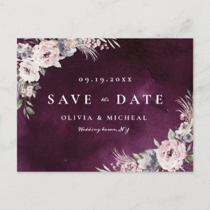 Plum & dusty pink rustic boho floral save the date announcement postcard