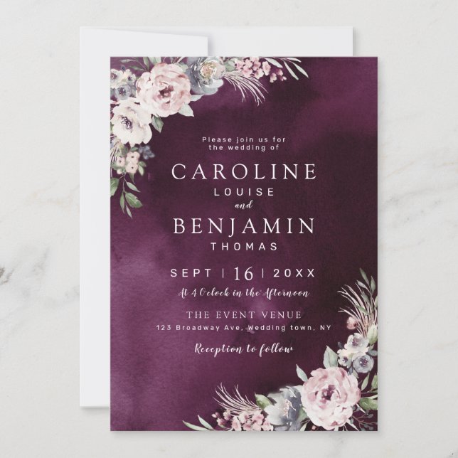 Plum & dusty pink rustic boho floral wedding invitation (Front)