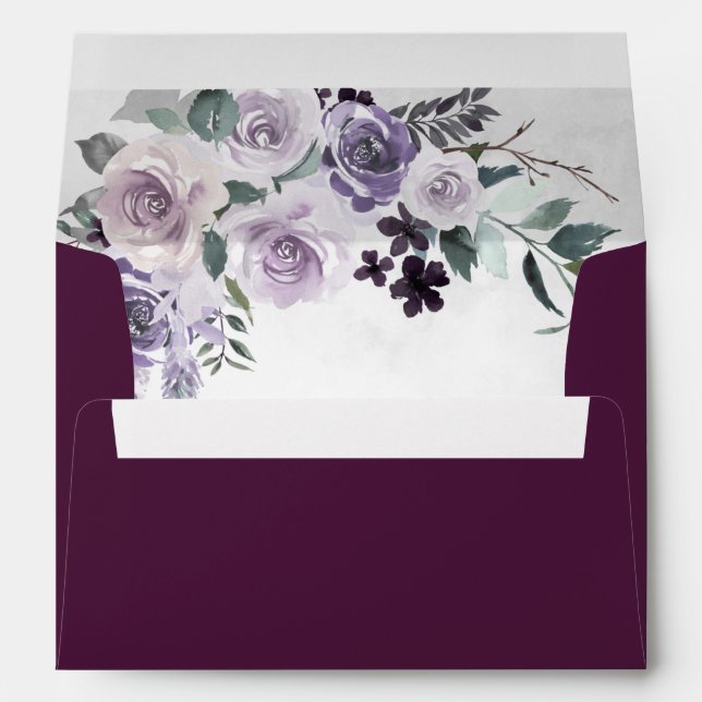 Plum Dusty Purple and Silver Grey Floral Wedding Envelope (Back (Bottom))