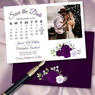 Plum & Dusty Purple Roses Wedding Calendar & Photo Save The Date