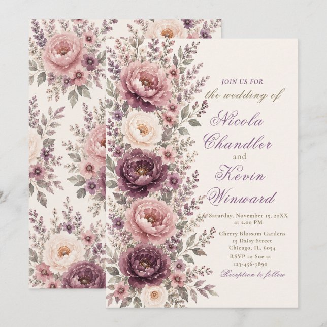 Plum & Dusty Rose Floral Wedding Invitation (Front/Back)