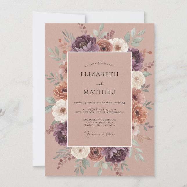 Plum Dusty Terracotta Wreath Wedding Invitation (Front)