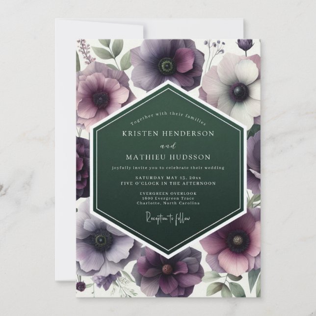 Plum Emerald Anemone Wedding Invitation (Front)