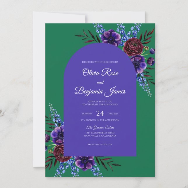 Plum Emerald Bloom Wedding Invitation (Front)