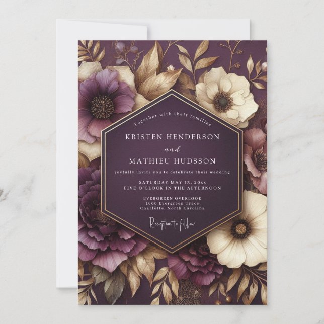 Plum Ethereal Bloom Wedding Invitation (Front)