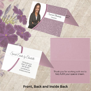 Plum Faux Glitter Replaceable Photo Folding Business Card