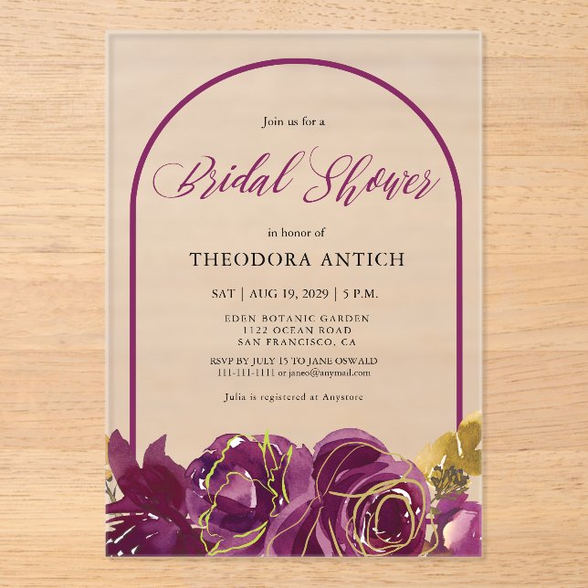 Plum Floral Arch Bridal Shower  Acrylic Invitations (Front)