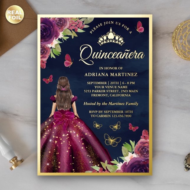 Plum Floral Butterfly Navy Blue Quinceanera Gold (Creator Uploaded)