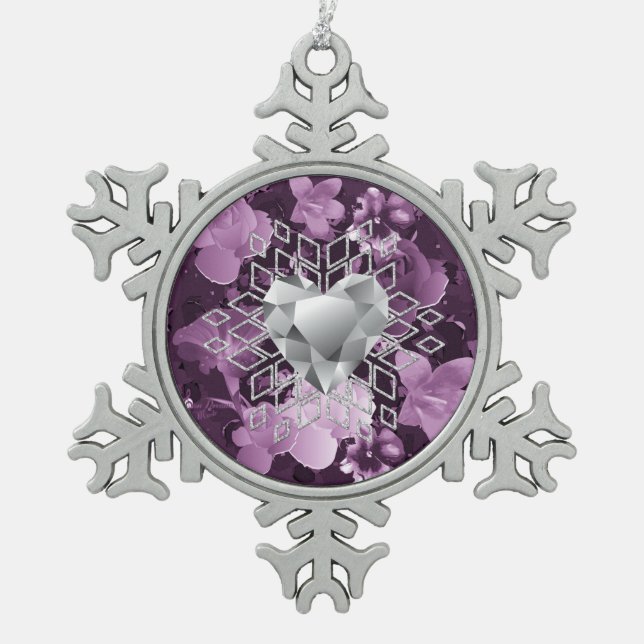 Plum Floral Diamond Heart Snowflake Ornament (Front)