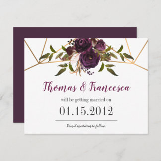 Plum Floral Faux Gold Geometric Save the Date Card