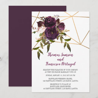 Plum Floral Faux Gold Geometric Wedding Invitation