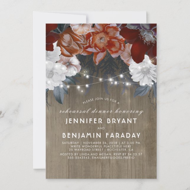 Plum Floral Lights Rustic Rehearsal Dinner Invitation (Front)