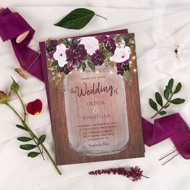 Plum Floral Lights Rustic Wood Wedding Invitation (Creator Uploaded)