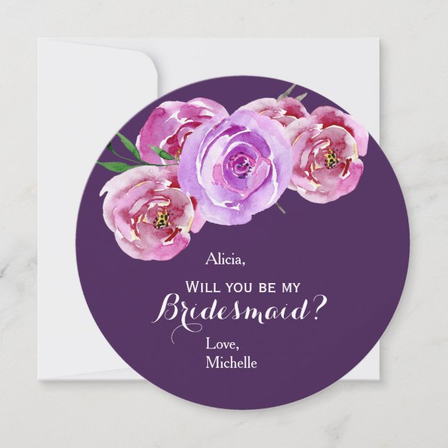 Plum floral pastel pink violet peonies bridesmaid invitation (Front)