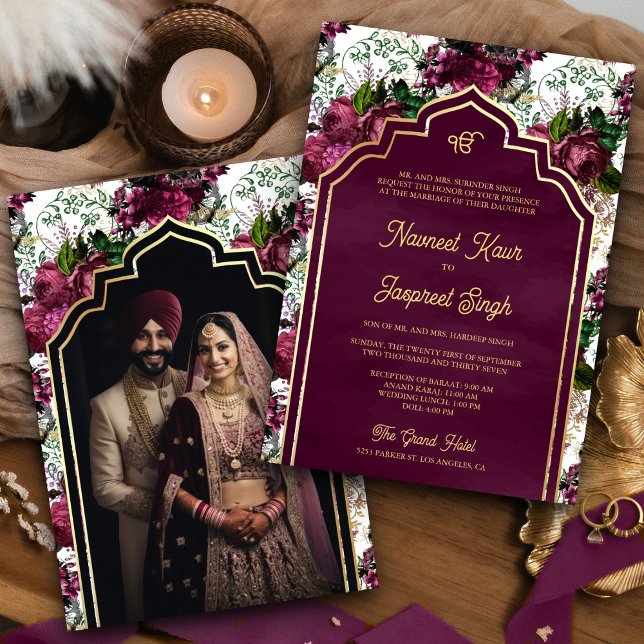 Plum Floral Photo Anand Karaj Sikh Wedding Invitation (Creator Uploaded)