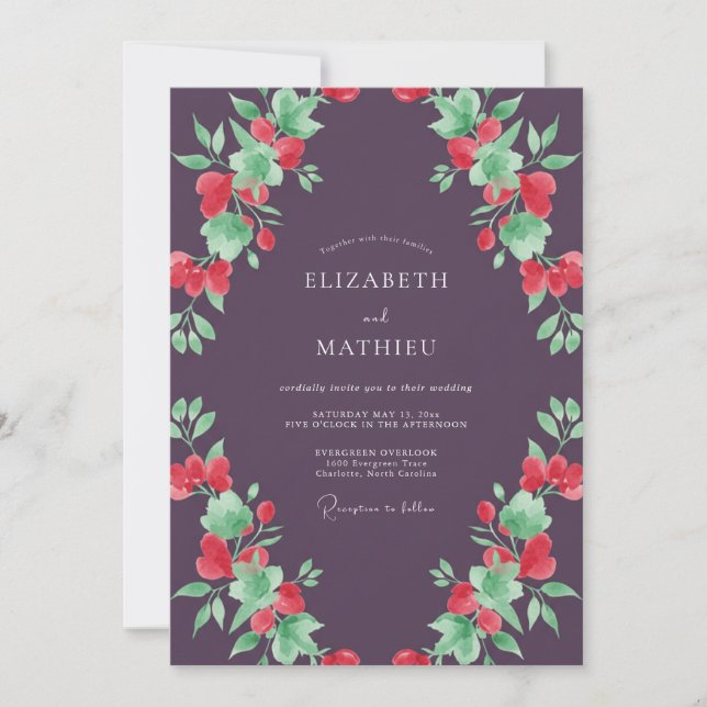 Plum Floral Romantic Botanical Wedding Invitation (Front)