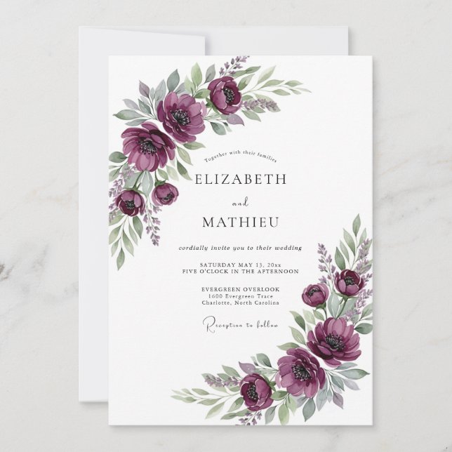 Plum Floral Romantic Wedding Invitation (Front)