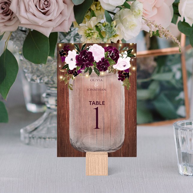 Plum Floral Rustic Wood Mason Jar Wedding Table Number (Creator Uploaded)
