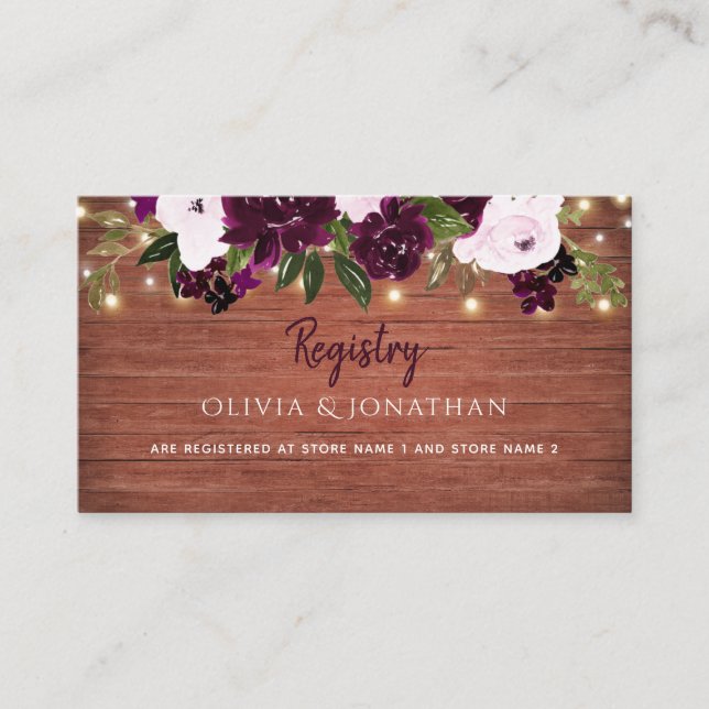 Plum Floral Rustic Wood Wedding Registry Enclosure Card (Front)