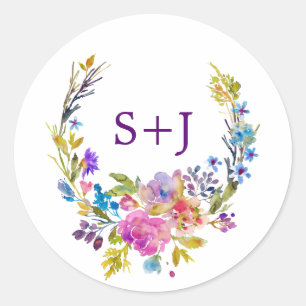 Plum Floral Wreath Monogram Wedding Envelope Seals