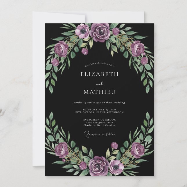 Plum Foliage Black Eucalyptus Wedding Invitation (Front)