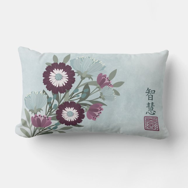 Plum gerbera daisy blue floral bouquet Asian art Lumbar Cushion (Front)