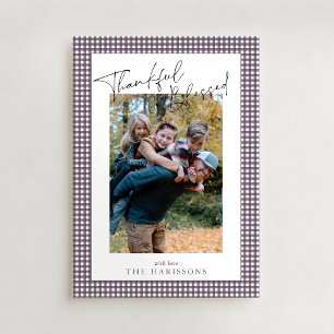 Plum Gingham Thankful & Blessed Thanksgiving Photo Invitation