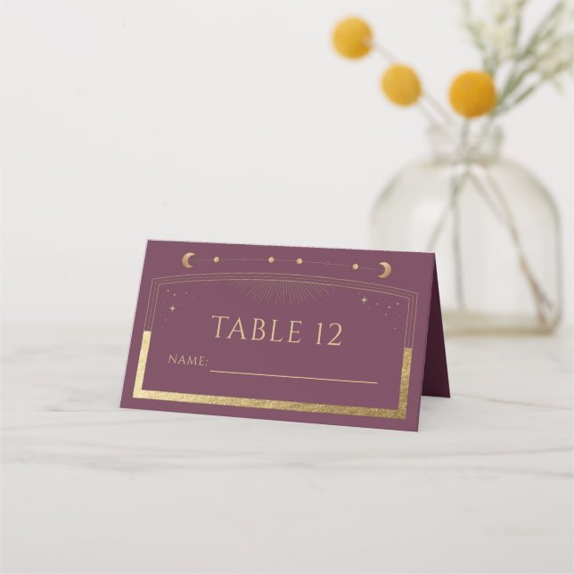 Plum Gold Celestial Wedding Table Number Place Card (Front)