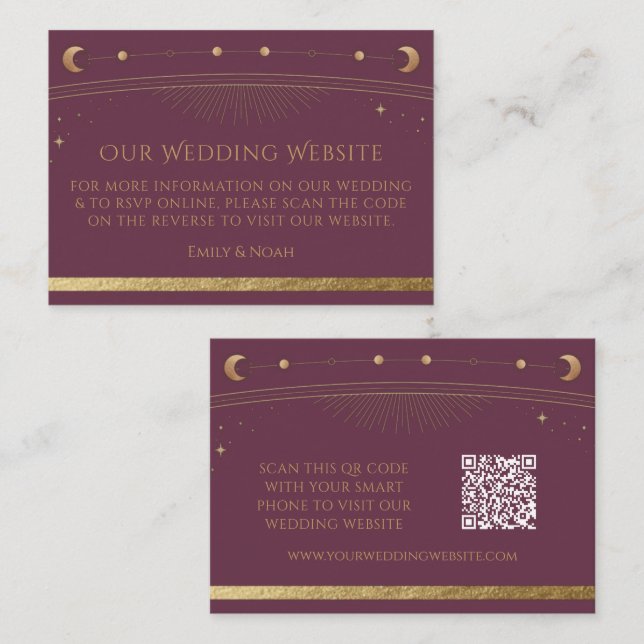 Plum Gold Celestial Wedding Website QR Code Enclosure Card (Front/Back)