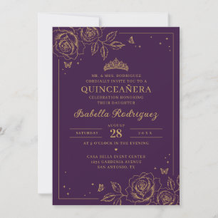 Plum Gold Floral Quinceañera Invitation