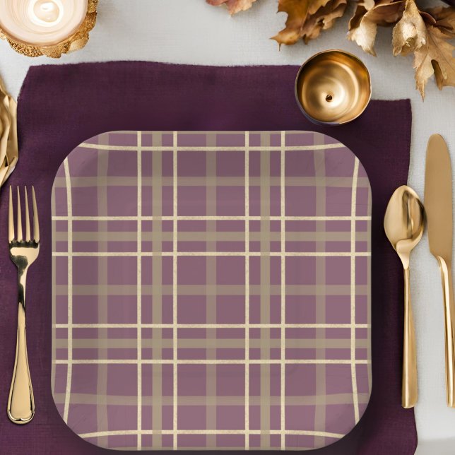 Plum gold glitter plaid fall thanksgiving party paper plate (Creator Uploaded)