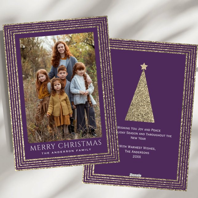Plum Gold Glittered Minimal Christmas Tree Photo Holiday Card (Creator Uploaded)