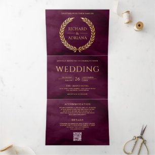 Plum Gold Laurel Minimal QR Code Wedding Tri-Fold Invitation