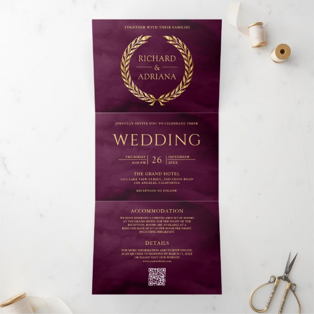 Plum Gold Laurel Minimal QR Code Wedding Tri-Fold Invitation (Inside)