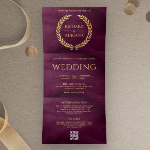Plum Gold Laurel Minimal QR Code Wedding Tri-Fold Invitation