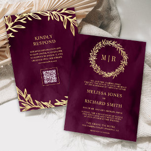 Plum Gold Leaf Branch QR Code Wedding Invitation