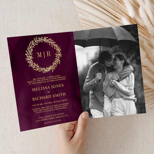 Plum Gold Leaf Branch QR Code Wedding Invitation (Creator Uploaded)