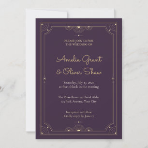 Plum Gold Notched Fan Deco Wedding Invitation