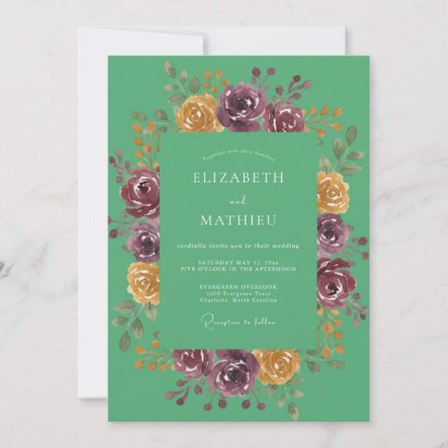 Plum Gold Ranunculus Dusty Eucalyptus Wedding Invitation (Front)